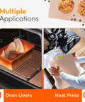 Multiple uses of Bangin Nonstick PTFE Baking Sheets Set For Oven And Air Fryer, shown as oven liners and heat press mats.
