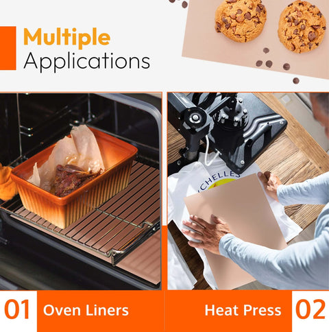 Multiple uses of Bangin Nonstick PTFE Baking Sheets Set For Oven And Air Fryer, shown as oven liners and heat press mats.