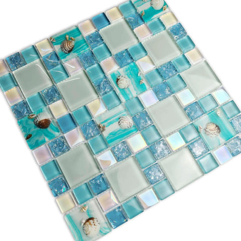 Coastal Glass Mosaic Ocean Blue Backsplash Tile With Real Shell Accents Iridescent Cracked Finish For Bathroom Shower Wall Decor And Kitchen Splash 5 Square Feet Turquoise Aqua Ice Blue Tints Glossy And Frosted Glass