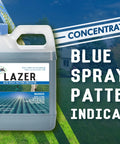 Liquid Harvest Lazer Blue 32 oz bottle, front view, concentrated blue spray pattern indicator for turf marking