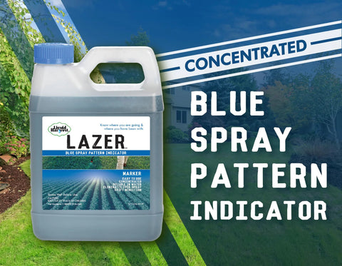 Liquid Harvest Lazer Blue 32 oz bottle, front view, concentrated blue spray pattern indicator for turf marking