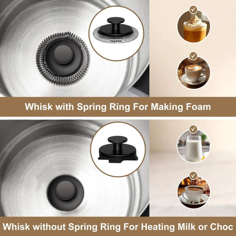 Electric Milk Frother And Steamer 16.9 Oz Four In One Silent And Durable Dishwasher Safe Foam Maker, whisk options shown.