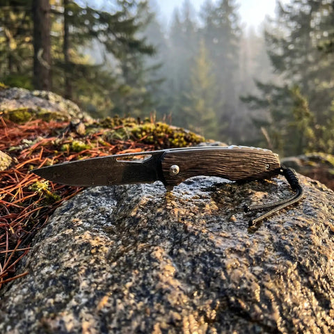 Damascus Steel Folding Pocket Knife With 3.35 Inch Blade And Rosewood Handle on a rock in a forest setting