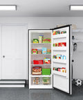 Twenty One Cubic Feet Upright Convertible Refrigerator Freezer Combo With Adjustable Drawers For Stashing Fresh Groceries And Keeping Cold Bevvies Chilled In Your Garage, fully stocked.
