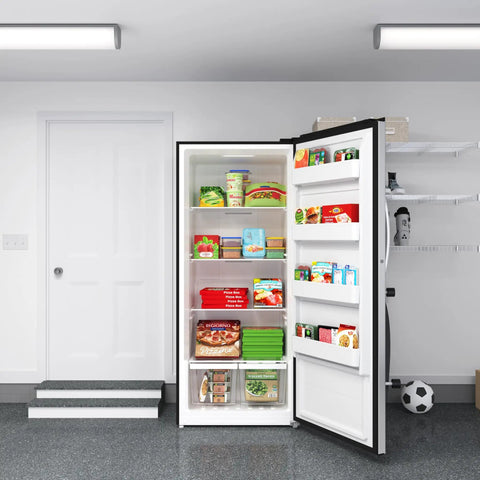 Twenty One Cubic Feet Upright Convertible Refrigerator Freezer Combo With Adjustable Drawers For Stashing Fresh Groceries And Keeping Cold Bevvies Chilled In Your Garage, fully stocked.