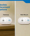 Top Shelf Carbon Monoxide Detector With Ten Year Battery Backup And Loud Eighty Five Decibel Alert For Worry Free Home Safety Monitoring And Quick Low Level Hazard Scan Shield, shown in tabletop and wall mount positions.