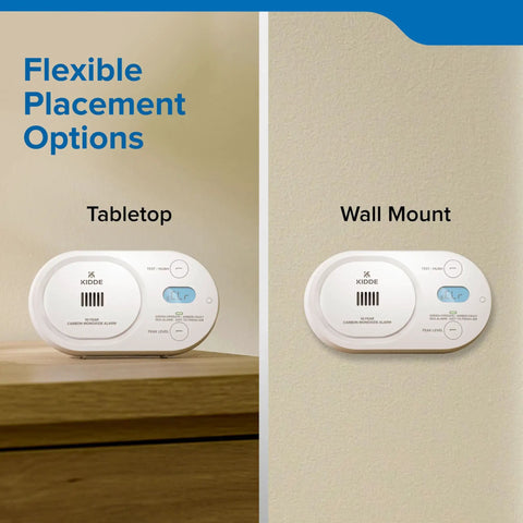 Top Shelf Carbon Monoxide Detector With Ten Year Battery Backup And Loud Eighty Five Decibel Alert For Worry Free Home Safety Monitoring And Quick Low Level Hazard Scan Shield, shown in tabletop and wall mount positions.