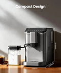 Top Shelf Automatic Espresso Machine With Built In Grinder And Rapid Milk Frother with compact design on countertop.