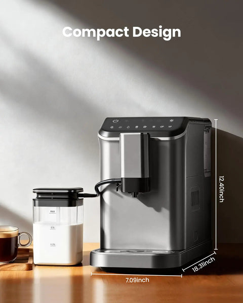 Top Shelf Automatic Espresso Machine With Built In Grinder And Rapid Milk Frother with compact design on countertop.