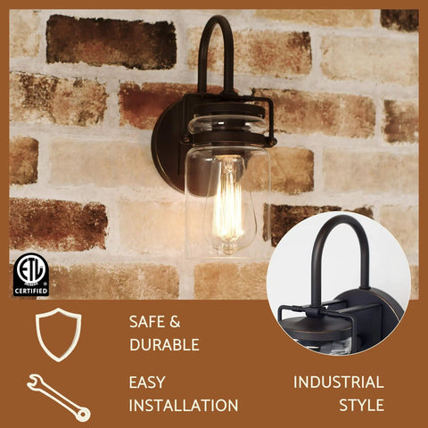 Wyer 11.5 Inch Farmhouse Industrial Wall Sconce With Gooseneck Arm Clear Glass Jar Shade Dimmable Oil Rubbed Bronze Finish