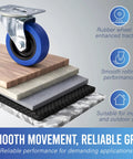 Hardy As Nails Single Nonbraked Caster Wheel showcases blue rubber wheel on various surfaces for smooth rolling.