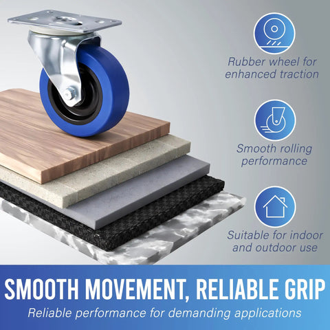 Hardy As Nails Single Nonbraked Caster Wheel showcases blue rubber wheel on various surfaces for smooth rolling.