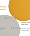 Close-up of 6-Inch No-Hole Hook And Loop Sanding Discs 180 Grit For Automotive And Woodworking, showing both sides and features.