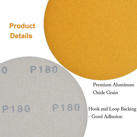 Close-up of 6-Inch No-Hole Hook And Loop Sanding Discs 180 Grit For Automotive And Woodworking, showing both sides and features.