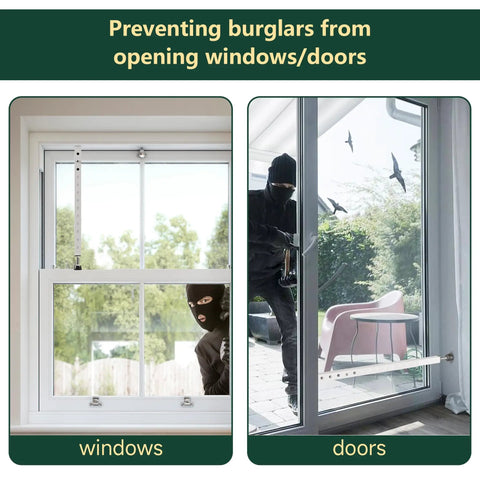 Adjustable Window Security Bars Inside For Home Safety, Easy Install, Heavy Duty Vertical Lock Bar With Rubber Feet For Up And Down Double Hung Windows, Fits 17 To 32 Inch, 2 Pack, Patented Design shown installed on window and door.