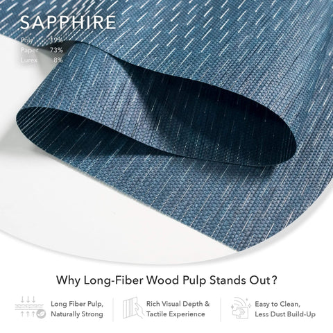 Close-up of semi-sheer blue sapphire fabric for cordless 4 rail sliding panel track blinds with lurex threads.