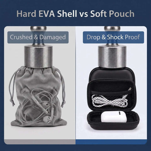 Comparison of Black Hardshell Tech Travel Case For Cables And Chargers With Mesh Pocket And Elastic Straps Drip Proof Eva Cord Clutch and soft pouch.