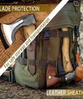 Beast Camping Hatchet Hand Forged 14.7 Inch Splitting Axe with leather sheath attached to a green backpack for bushcraft use