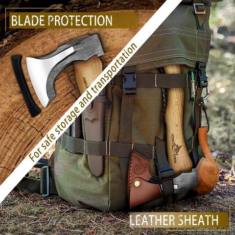 Beast Camping Hatchet Hand Forged 14.7 Inch Splitting Axe with leather sheath attached to a green backpack for bushcraft use