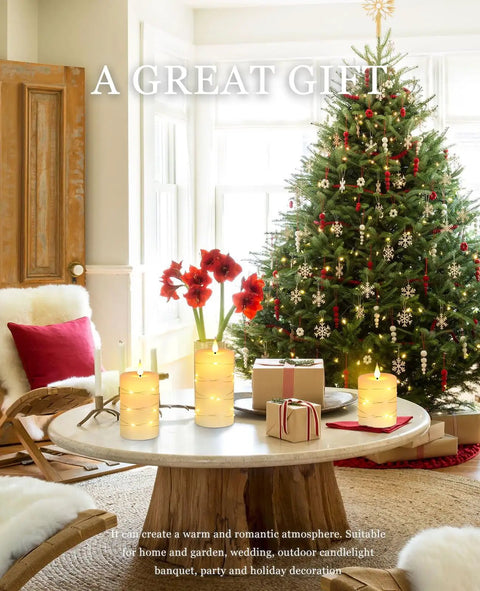 Flameless LED Candles With Remote And Timer Battery Operated Set Of 3 on table, Christmas tree in background, cozy holiday decor