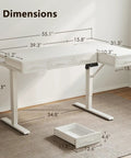 L Shaped Electric Standing Desk With Four Wooden Drawers 55 Inch Height Adjustable Corner Desk With Power Outlets shown with dimensions