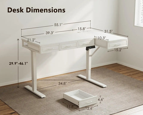 L Shaped Electric Standing Desk With Four Wooden Drawers 55 Inch Height Adjustable Corner Desk With Power Outlets shown with dimensions