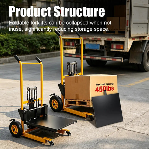 Heavy Duty Foldable Hydraulic Material Lift Stacker 450 Lb Portable Pallet Truck With Swivel Casters Adjustable Forks Warehouse Cart Built Legit To Handle Massive Loads Zero Sweat Everyday
