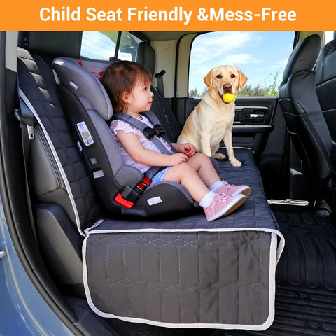 Child and dog on truck back seat with Dog Car Seat Cover For Back Seat In Trucks Washable Nonslip Bench Seat Protector