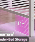 Sleek White Full Size Bed Frame With Built In Led Accents And Dual Usb Ports, Hella Solid Steel Slat Base For Zero Grind Noise, Tall Headboard For Lazy Reading Vibes, Roomy Under Bed Storage, Truly No Box Spring Needed, Quick Easy Setup showcasing 11 inches of under-bed storage.