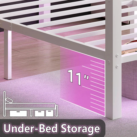 Sleek White Full Size Bed Frame With Built In Led Accents And Dual Usb Ports, Hella Solid Steel Slat Base For Zero Grind Noise, Tall Headboard For Lazy Reading Vibes, Roomy Under Bed Storage, Truly No Box Spring Needed, Quick Easy Setup showcasing 11 inches of under-bed storage.