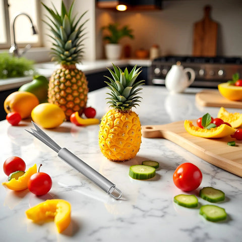 Stainless Steel Pineapple Eye Remover Tool With V Shaped Cutter And Ergonomic Handle For Home Kitchen Prep on countertop with fruit