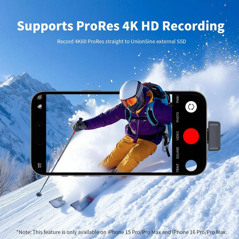 Image of a skier being recorded in 4K on an iPhone, showcasing the 128GB USB C External SSD Drive With USB 3.2 Fast Transfer Up To 450MB Per Second Plug And Play Portable Type C SSD Stick For iPhone 15 16 17 Android Laptop Tablet TV Car Audio And More attached.