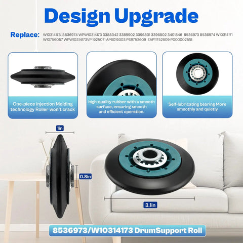 Heavy Duty Dryer Repair Kit With WPW10314173 Drum Rollers side view and dimensions against a white background