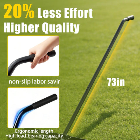 Workhorse Lawn Leveling Rake With A 30 Inch By 10 Inch Stainless Steel Head And 6 Foot Handle shown on grass