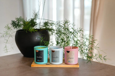 Premium Soy Candle Making Kit Full Set With Soy Wax 7 Oz Jars And Tins, 7 Pleasant Scents displayed on wooden tray