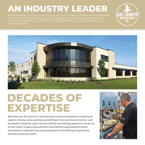 Lake Country Manufacturing building and expertise in polisher development, shown with employee in workshop setting.