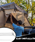 Man setting up rooftop tent using Rooftop Tent Mounting Hardware Kit 28 Pcs With Flat Mending Plates 5.31 X 1 Inches, 8 Screws, 8 Nuts.