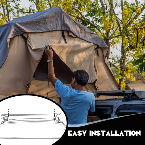 Man setting up rooftop tent using Rooftop Tent Mounting Hardware Kit 28 Pcs With Flat Mending Plates 5.31 X 1 Inches, 8 Screws, 8 Nuts.
