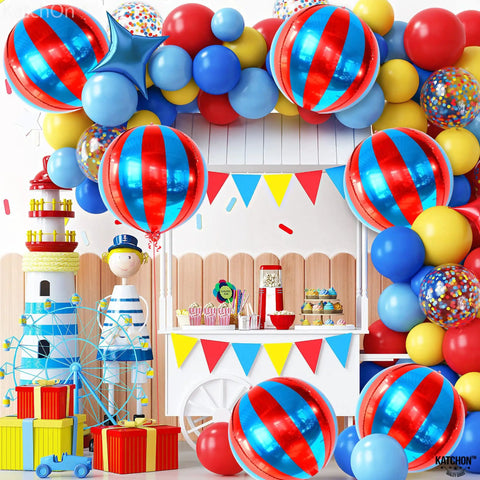 Massive 22 Inch Red And Blue 4D Foil Carnival Balloons Pack Of 6 for circus theme party decor displayed at birthday event
