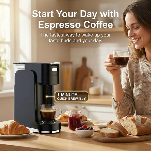All In One Single Serve Coffee Machine For Ground Coffee K Cup Pods Nespresso Original And Dolce Gusto Pods Hot And Iced Coffee Maker With 20 Bar Espresso And Custom Brew Volume Heats Up In Three Seconds on kitchen counter with breakfast.