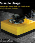 Universal RV Flex Leveling Pads Support For Jacks And Stabilizers Anti Sink Design Keeps Your Camper Solid On Soft Dirt Or Grass Setup with yellow base.