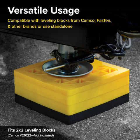 Universal RV Flex Leveling Pads Support For Jacks And Stabilizers Anti Sink Design Keeps Your Camper Solid On Soft Dirt Or Grass Setup with yellow base.