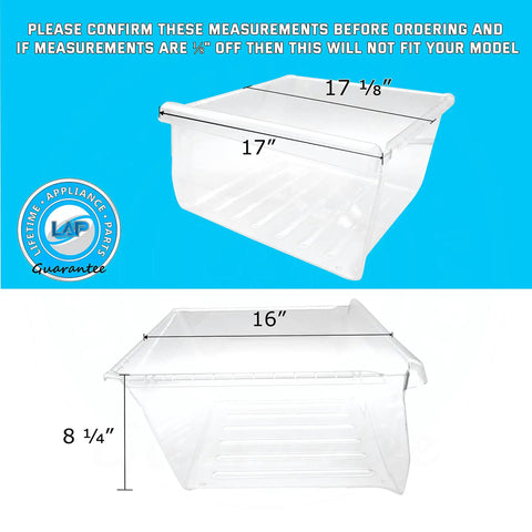 Dimensions of the Upgraded Lifetime Replacement Meat Pan Crisper Bin For Frigidaire Refrigerator Fits DA97-08693B 2813228 AP5330771.