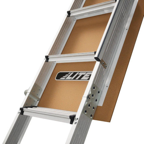 Built-To-Last 10-Foot Aluminum Attic Ladder For Easy Home Access, Fits Rough Opening 54 By 22.5 Inches, 375-Pound Capacity, Type IAA, Heavy-Duty Foldable Loft Ladder For Attics, Garages, And Storage. Aluminum attic ladder close-up with metal rungs and cork backboard
