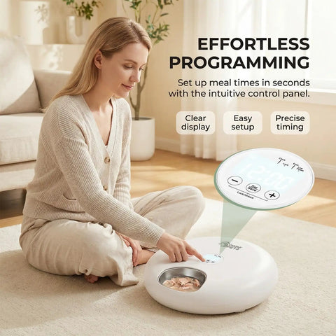 Set It And Forget It Automatic Wet Food Feeder For Cats With Rust Proof Stainless Steel Tray programmable control panel setup.