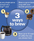 Solid Trio Coffee Maker Bundle Comes With Two Fresh Water Filter Pods And Swift Single Serve Option For Real Good Morning Coffee In Sleek Black Cabinet, showing brewing methods.