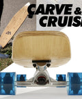 Back view of Kicktail Cruiser Longboard For Commuting And Carving Bamboo Deck With Maple Core, blue 78A wheels, 44x9 inches.