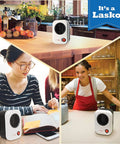 Collage showing MyHeat 200 Watt Small Energy Efficient Portable Electric Ceramic Space Heater in kitchen, office, cafe settings