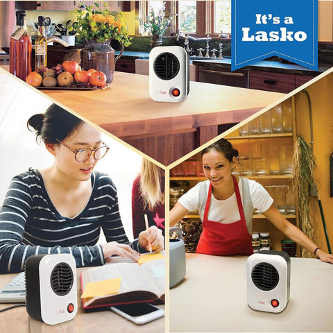 Collage showing MyHeat 200 Watt Small Energy Efficient Portable Electric Ceramic Space Heater in kitchen, office, cafe settings