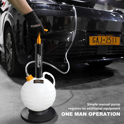 Grip Tight 6 Liter Manual Oil Extractor Pump for Swift Engine Oil Changes Via Dipstick Tube with white vacuum tank in use.